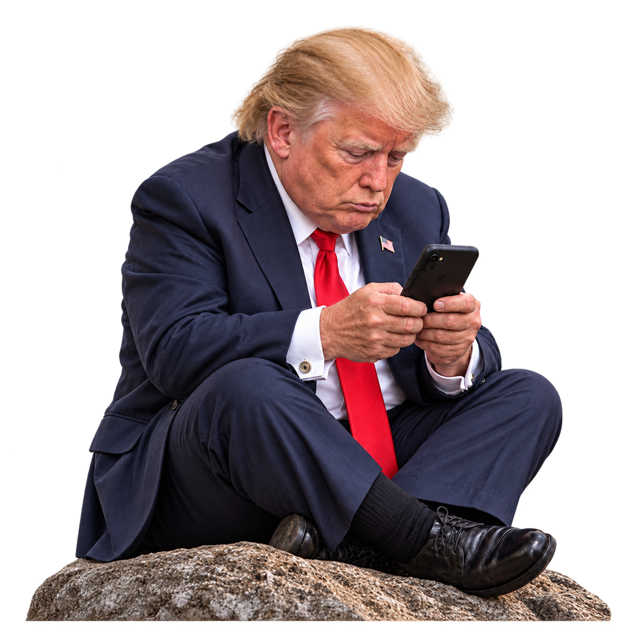 Man in a dark suit sitting and looking at a phone